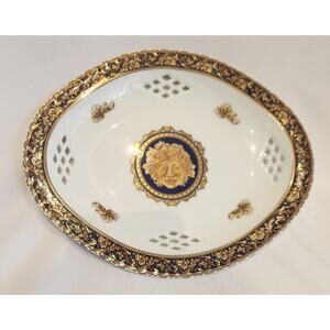 T. Limoges Bacchus Reticulated Porcelain Bowl Cobalt Blue 24K Gold French Design